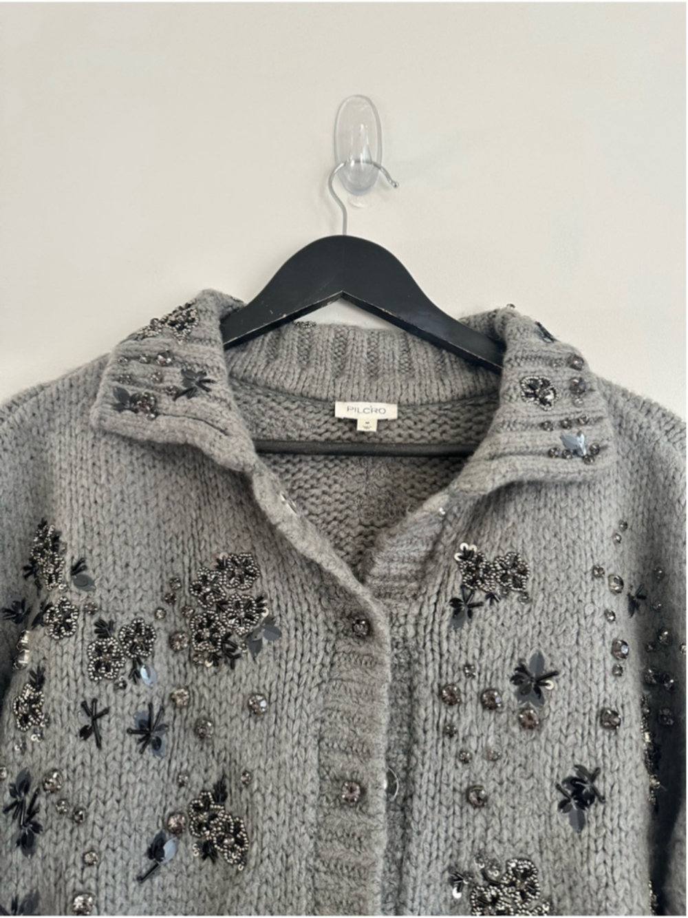 Pilcro Embellished Floral Collared Cardigan Sweater Grey Medium Anthropologie - Picture 9 of 14